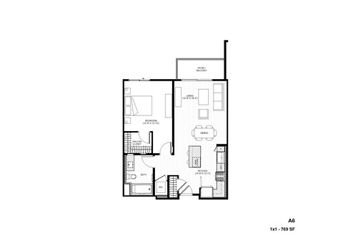 Floor plan for 1 bed, 1 bath, 769 sqft
